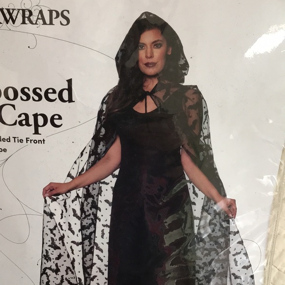 NWT Embossed bat cape sheer black chiffon w velvet flocked bats stars and moons - Picture 3 of 7